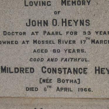 HEYNS John O. -1938 &amp; Mildred Constance BOTHA -1966