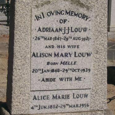 LOUW Adriaan J.J. 1847-1925 &amp; Alison Mary MELLE 1848-1939 :: LOUW Alice Marie 1882-1956