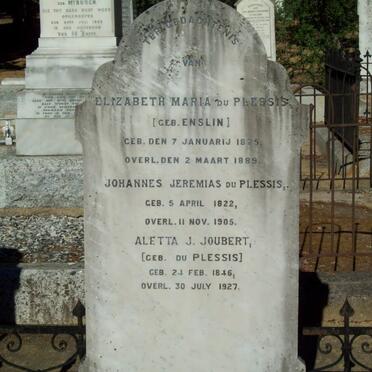 PLESSIS Johannes Jeremias, du 1822-1905 &amp; Elizabeth Maria ENSLIN 1825-1889 :: JOUBERT Aletta J. nee DU PLESSIS 1846-1927