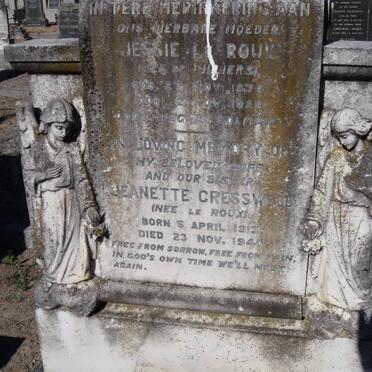 ROUX Jessie, le nee DE VILLIERS 1871-1921 : CRESSWELL Jeanetta nee LE ROUX 1913-1940