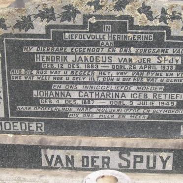 SPUY Hendrik Jakobus, van der 1883-1938 &amp; Johanna Catharina RETIEF 1887-1949