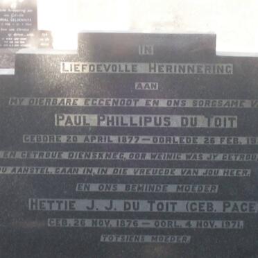 TOIT Paul Phillipus, du 1877-1939 &amp; Hettie J.J. PAGE 1876-1971