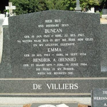 VILLIERS Hendrik A., de 1899-1984 &amp; Emma 1903-1974 :: DE VILLIERS Duncan 1923-1967