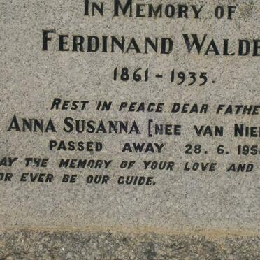 WALDER Ferdinand 1861-1935 &amp; Anna Susanna VAN NIEKERK -1958 