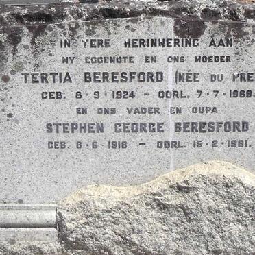 BERESFORD Stephen George 1918-1981 &amp; Tertia DU  PREEZ 1924-1969