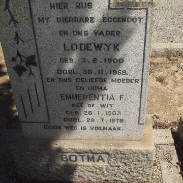 BOTMA Lodewyk 1900-1959 &amp; Emmerentia F. DE WIT 1903-1976