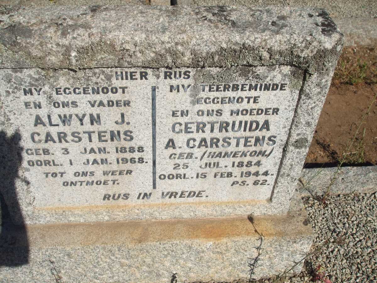 CARSTENS Alwyn J. 1888-1968 &amp; Gertruida A. HANEKOM 1884-1944