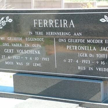 FERREIRA Gert Volschenk 1927-1983 &amp; Petronella Jacoba DU TOIT 1923-1994