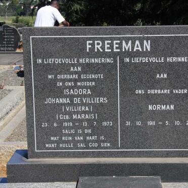 FREEMAN Norman 1911-2001 &amp; Isadora Johanna DE VILLIERS nee MARIAS voorheen VILLIERA 1919-1973