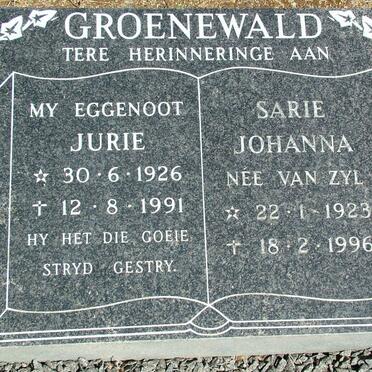 GROENEWALD Jurie 1926-1991 &amp; Sarie Johanna VAN ZYL 1923-1996