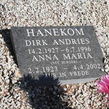 HANEKOM Dirk Andries 1927-1996 &amp; Anna Maria BURGER 1923-2002