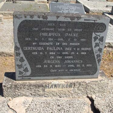 HANEKOM Jurgens Johannes 1885-1970 &amp; Gertruida Pauline V.D.MERWE 1884-1969 :: HANEKOM Philippus Pauke 1914-1966