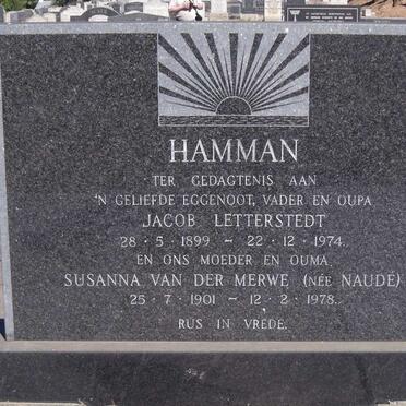 HAMMAN Jacob Letterstedt 1899-1974 &amp; Susanna Van Der Merwe NAUDE 1901-1978