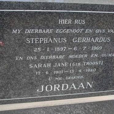JORDAAN Stephanus Gerhardus 1897-1969 &amp; Sarah Jane TROOST 1901-1980
