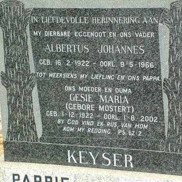 KEYSER Albertus Johannes 1922-1966 &amp; Gesie Maria MOSTERT 1922-2002