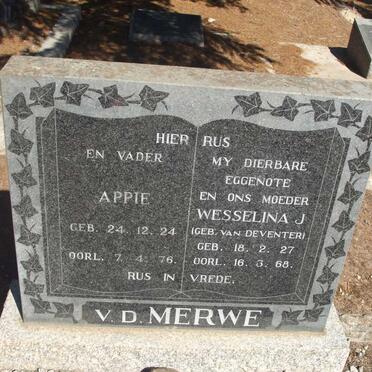 MERWE Apie, V.D. 1924-1976 & Wesselina J. VAN DEVENTER 1927-1968