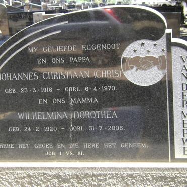 MERWE Johannes Christiaan, van der 1916-1970 & Wilhelmina Dorothea 1920-2005 