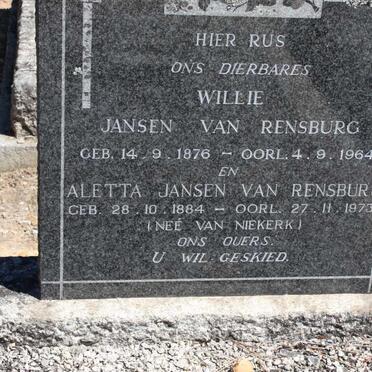 RENSBURG Willie, Jansen van 1876-1974 &amp; Aletta VAN NIEKERK 1884-1973