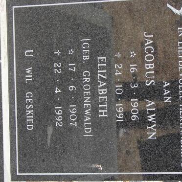 VISAGIE Jacobus Alwyn 1906-1991 &amp; Elizabeth GROENEWALD 1907-1992