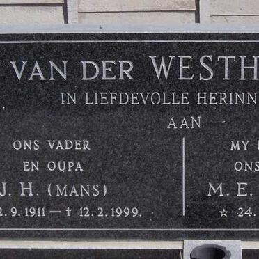WESTHUIZEN J.H., van der 1911-1999 & M.E. REITZ 1910-1986