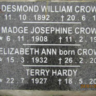 CROWE Desmond William 1892-1969 :: CROWE Madge Josephine 1908-1973 :: CROWE Elizabeth Ann 1932-2002 :: HARDY Terry 1927-2003