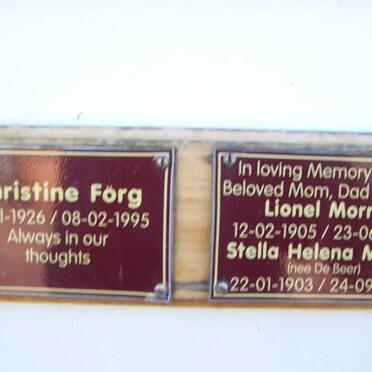FORG Christine 1926-1995 :: MORRIS Lionel 1905-1972 &amp; Stella Helena DE BEER 1903-1979