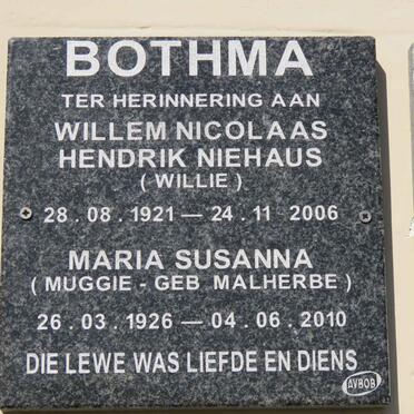 BOTHMA Willem Nicolaas Hendrik Niehaus 1921-2006 &amp; Maria Susanna MALHERBE 1926-2010