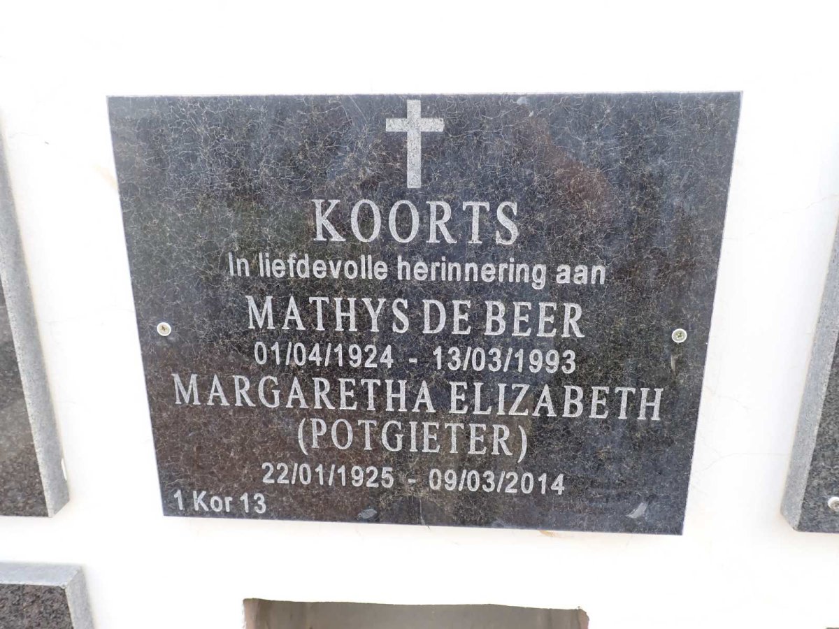 KOORTS Mathys de Beer 1924-1993 &amp; Margaretha Elizabeth POTGIETER 1925-2014