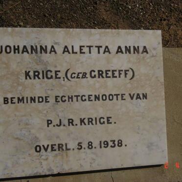 KRIGE Johanna Aletta Anna nee GREEFF -1938