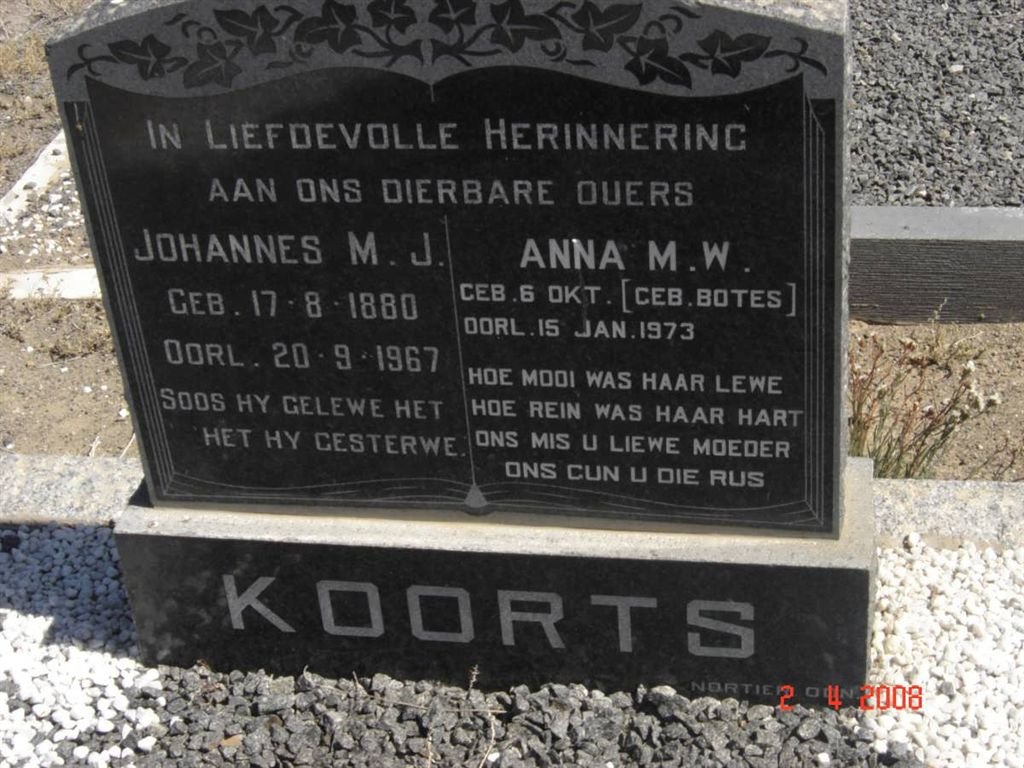 KOORTS Johannes M.J. 1880-1967 &amp; Anna M.W. BOTES -1973