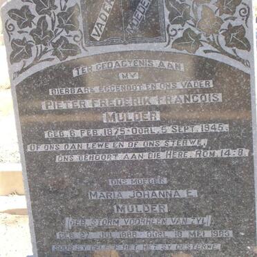 MULDER Pieter Frederik Francois 1875-1945 &amp; Maria Johanna E. VAN ZYL nee STORM 1888-1983