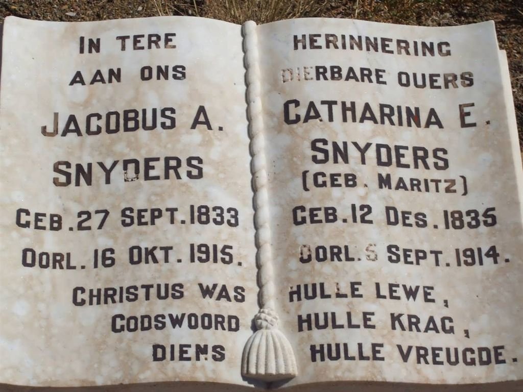 SNYDERS Jacobus A. 1833-1915 &amp; Catharina E. MARITZ 1835-1914