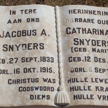 SNYDERS Jacobus A. 1833-1915 &amp; Catharina E. MARITZ 1835-1914