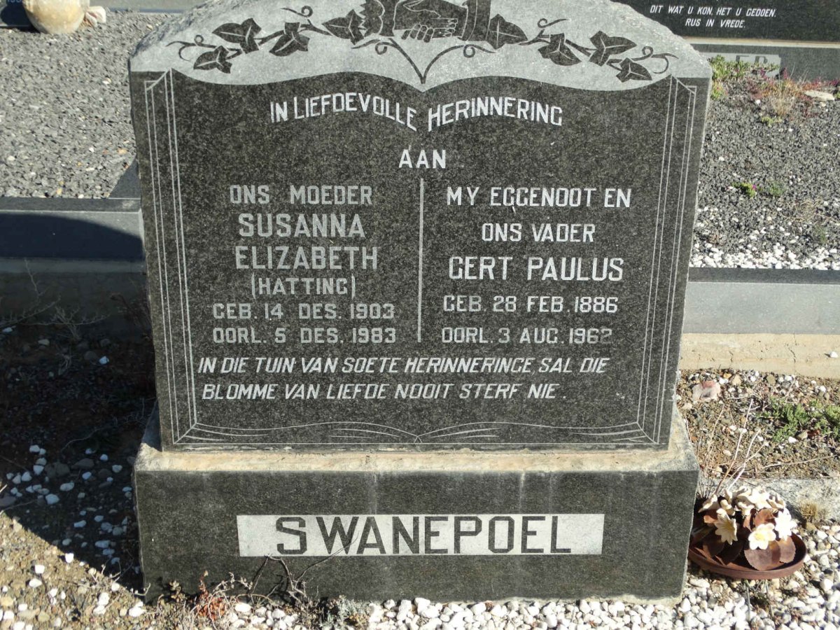 SWANEPOEL Gert Paulus 1886-1962 &amp; Susanna Elizabeth HATTING 1903-1983