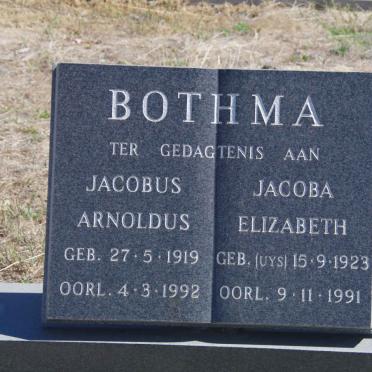 BOTHMA Jacobus Arnoldus 1919-1992 &amp; Jacoba Elizabeth UYS 1923-1991
