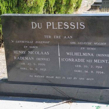 PLESSIS Henry Nicolaas Rademan, du 1906-1971 &amp; Wilhelmina formerly CONRADIE nee MEINTJES 1914-1994