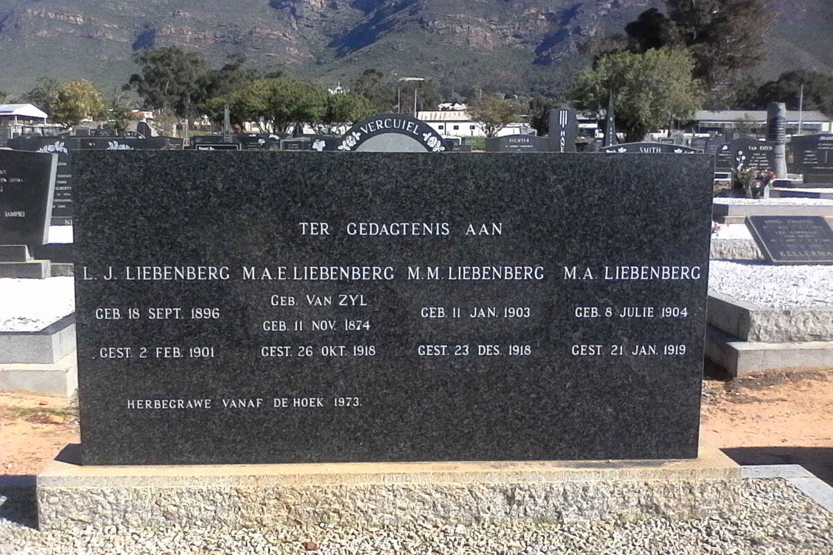 LIEBENBERG L.J. 1896-1901 :: LIEBENBERG M.A.E. nee VAN ZYL 1874-1918 :: LIEBENBERG M.M. 1903-1918 :: LIEBENBERG M.A. 1904-1919