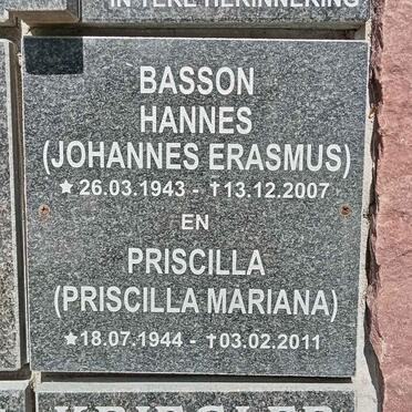 BASSON Johannes Erasmus 1943-2007 &amp; Priscilla Mariana 1944-2011