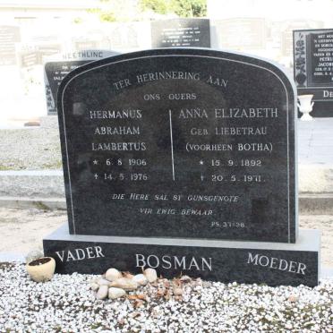 BOSMAN Hermanus Abraham Lambertus 1906-1976 &amp; Anna Elizabeth BOTHA nee LIEBETRAU 1892-1971