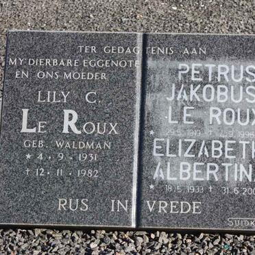 ROUX Petrus Jakobus, le 1919-1996 :: LE ROUX Lily 1931-1982 :: LE ROUX Elizabeth Albertina 1933-2003