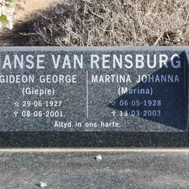 RENSBURG Gideon George, Janse van 1927-2001 &amp; Martina Johanna 1928-2003