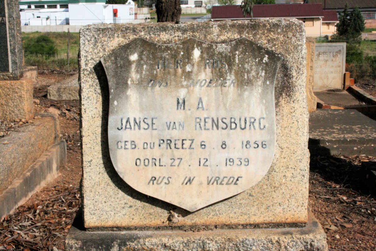 RENSBURG M.A., Janse van neé DU PREEZ 1856-1939