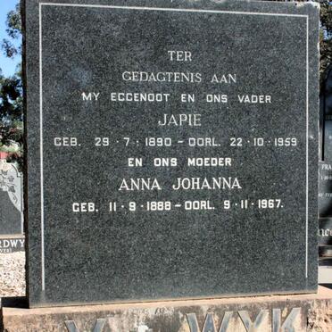 WYK Japie, van 1890-1959 &amp; Anna Johanna 1888-1967