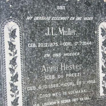 MULLER J. L. 1875-1944 &amp; Anna Hester DU PREEZ 1888-1968