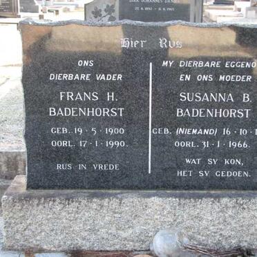 BADENHORST Frans. H. 1900-1990 &amp; Susanna B. NIEMAND 1898-1966