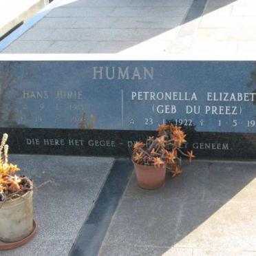 HUMAN Hans Jurie 1915-1993 &amp; Petronella Elizabeth DU PREEZ 1922-1996