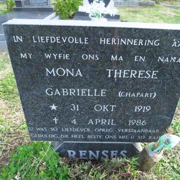 RENSES Mona Therese Gabrielle nee CHAPART 1919-1986