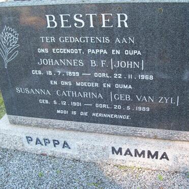 BESTER Johannes B.F. 1899-1968 &amp; Susanna Catharina VAN ZYL 1901-1989