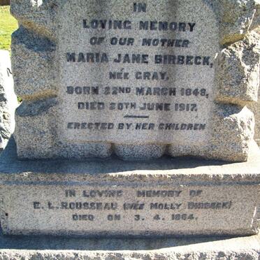 BIRBECK Maria Jane nee GRAY 1848-1917 :: ROUSSEAU E.L. nee BIRBECK -1964
