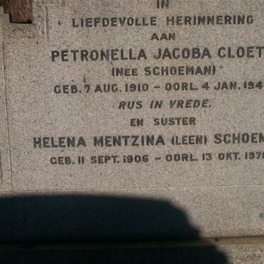 CLOETE Petronella Jacoba nee SCHOEMAN 1910-1948 :: SCHOEMAN Helena Mentzina 1906-1978